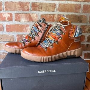 Josef Seibel Tan Leather Boots with Colorful Knit Accent